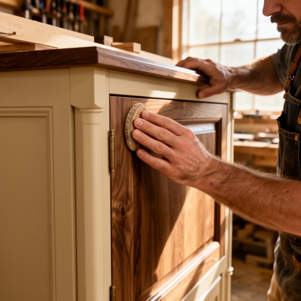 Craftsman finishing a custom wooden cabinet